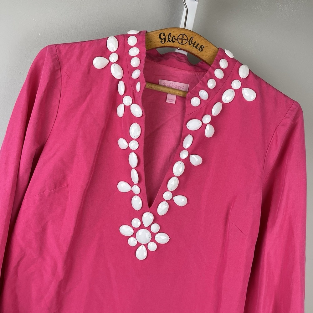 Lilly Pulitzer Tunic Top Womens 6 Pink White Beaded Cotton‎ Silk Preppy Resort